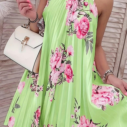 Vibrant Floral Print Choker Neck Dress-Sleeveless Pleat Design Comfortable Wear for Spring & Summer