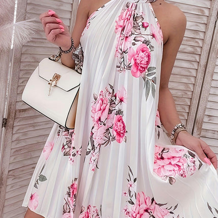 Vibrant Floral Print Choker Neck Dress-Sleeveless Pleat Design Comfortable Wear for Spring & Summer