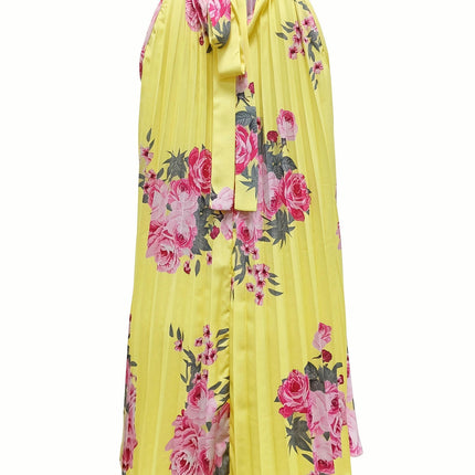 Vibrant Floral Print Choker Neck Dress-Sleeveless Pleat Design Comfortable Wear for Spring & Summer