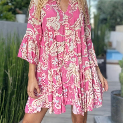 Spring And Summer Women's Dresses V-neck Printed Bell Sleeve Short Skirt