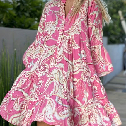 Spring And Summer Women's Dresses V-neck Printed Bell Sleeve Short Skirt