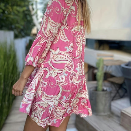 Spring And Summer Women's Dresses V-neck Printed Bell Sleeve Short Skirt