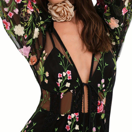 1pc Women'S Summer Floral Beach Dress - Casual V-Neck Long Sleeve Backless Dress with Lace-Up