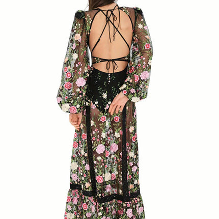 1pc Women'S Summer Floral Beach Dress - Casual V-Neck Long Sleeve Backless Dress with Lace-Up