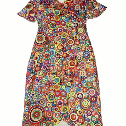 Polka Dot Print Buttons Dress, Boho Short Sleeve V Neck Dress, Women's Clothing