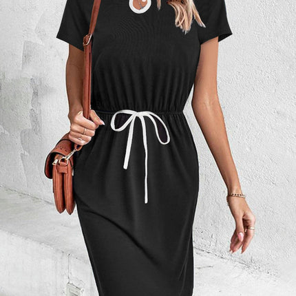 Drawstring Waist Dress-Casual Short Sleeve Split Design with Pocket, Flattering  for Everyday Wear