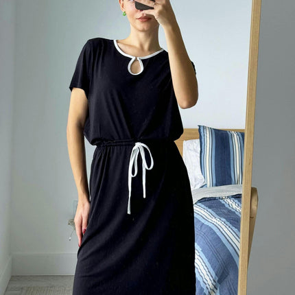 Drawstring Waist Dress-Casual Short Sleeve Split Design with Pocket, Flattering  for Everyday Wear