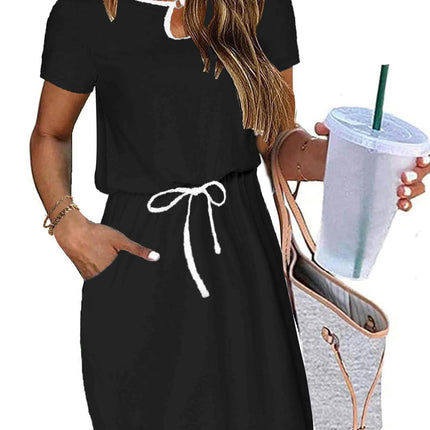 Drawstring Waist Dress-Casual Short Sleeve Split Design with Pocket, Flattering  for Everyday Wear