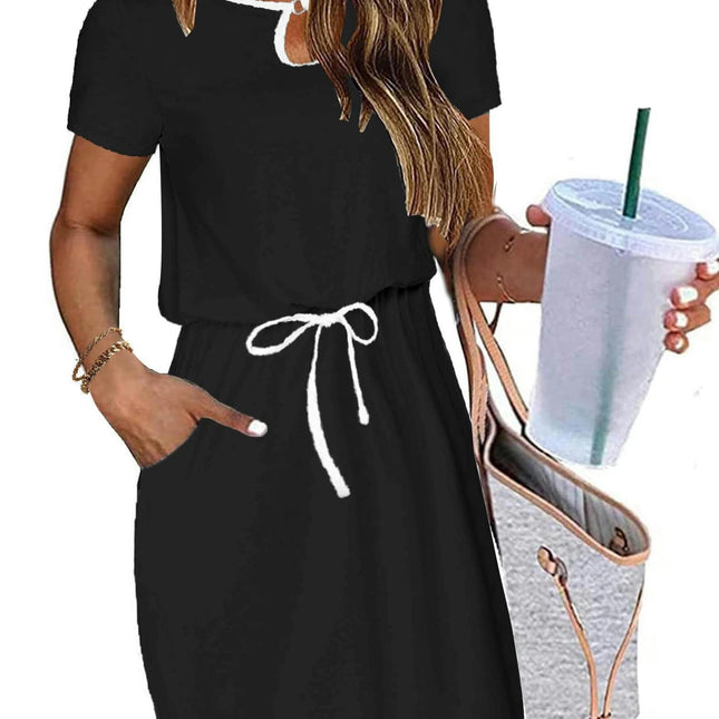 Drawstring Waist Dress-Casual Short Sleeve Split Design with Pocket, Flattering  for Everyday Wear