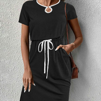 Drawstring Waist Dress-Casual Short Sleeve Split Design with Pocket, Flattering  for Everyday Wear