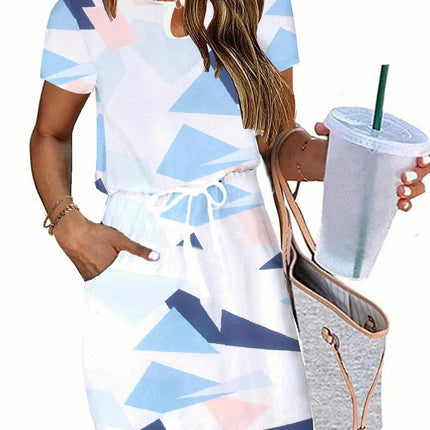 Drawstring Waist Dress-Casual Short Sleeve Split Design with Pocket, Flattering  for Everyday Wear