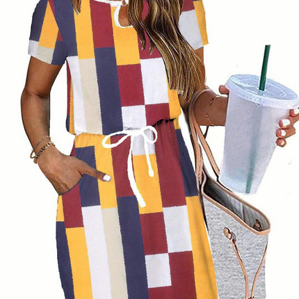 Drawstring Waist Dress-Casual Short Sleeve Split Design with Pocket, Flattering  for Everyday Wear