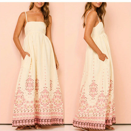 Floral Spaghetti Strap Maxi Dress with Pockets - Backless,A-Line Design for Women