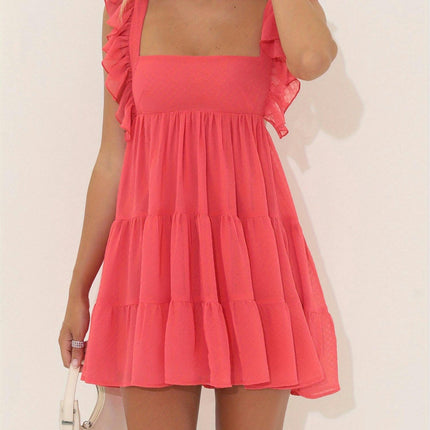 1pc Women'S Sleeveless Mini Dress with Ruffle Straps Summer Babydoll Dress