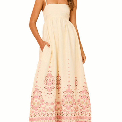 Floral Spaghetti Strap Maxi Dress with Pockets - Backless,A-Line Design for Women