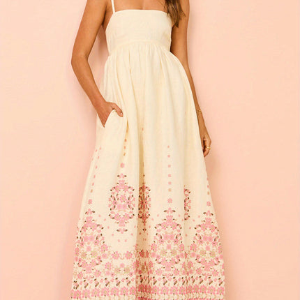 Floral Spaghetti Strap Maxi Dress with Pockets - Backless,A-Line Design for Women