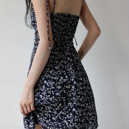 1pc Women'S Floral Print A-Line Dress - Casual V-Neck with Spaghetti Strap Summer Dress for Adults