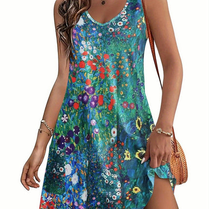 Women's Casual Sundress with Pockets Summer Boho Beach Dress Floral V Neck Tank Dresses