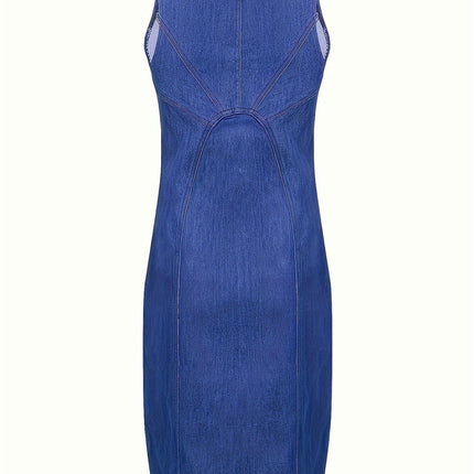 Fitted Sleeveless Denim Dress-Women Denim Dress with Zip-Front Bodycon Split Design Casual Summer