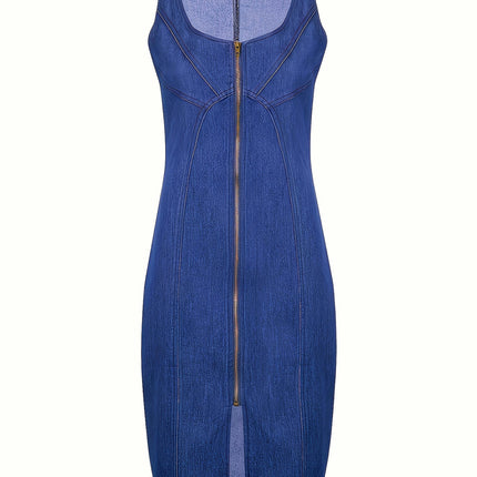 Fitted Sleeveless Denim Dress-Women Denim Dress with Zip-Front Bodycon Split Design Casual Summer