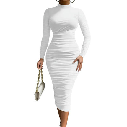 Women's Cocktail Bodycon Long Sleeve Mock Neck Mesh Ruched Midi Party Dress