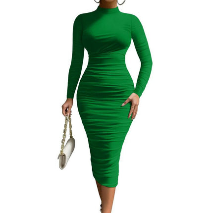 Women's Cocktail Bodycon Long Sleeve Mock Neck Mesh Ruched Midi Party Dress