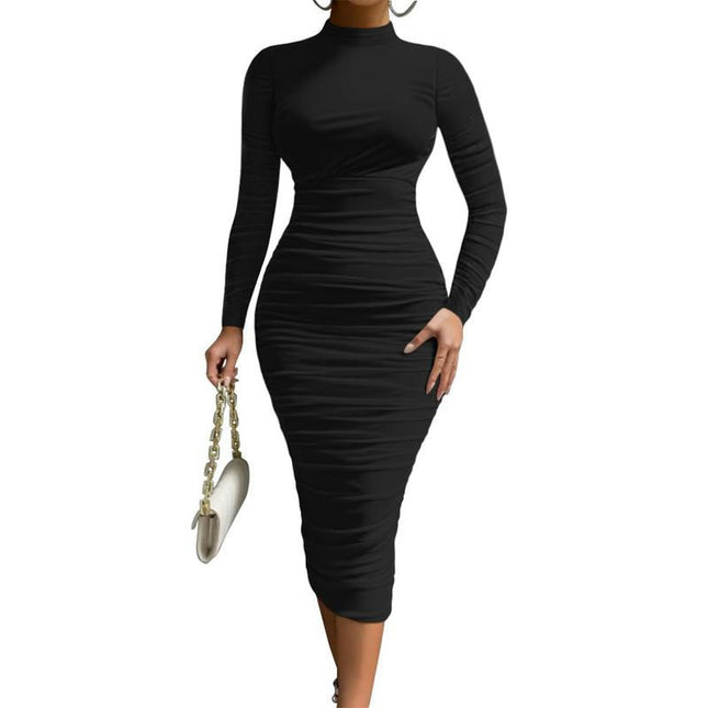 Women's Cocktail Bodycon Long Sleeve Mock Neck Mesh Ruched Midi Party Dress