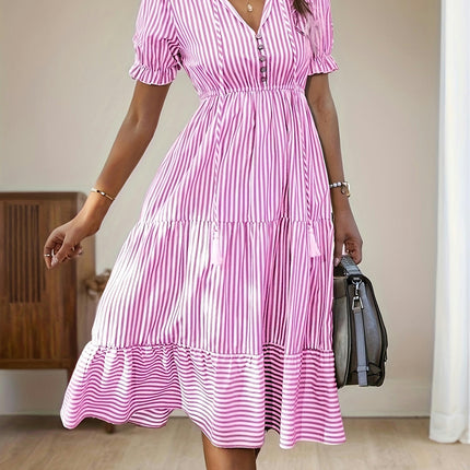 Striped V Neck Dress, Elegant Short Sleeve Button Decor Dress For Spring & Summer, Women's Clothing