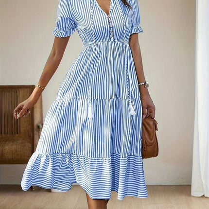 Striped V Neck Dress, Elegant Short Sleeve Button Decor Dress For Spring & Summer, Women's Clothing