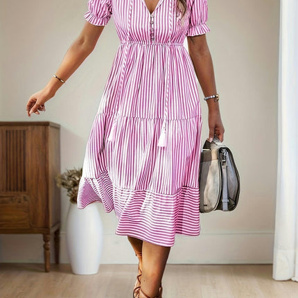 Striped V Neck Dress, Elegant Short Sleeve Button Decor Dress For Spring & Summer, Women's Clothing