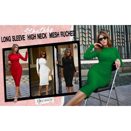 Women's Cocktail Bodycon Long Sleeve Mock Neck Mesh Ruched Midi Party Dress