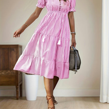 Striped V Neck Dress, Elegant Short Sleeve Button Decor Dress For Spring & Summer, Women's Clothing