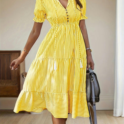 Striped V Neck Dress, Elegant Short Sleeve Button Decor Dress For Spring & Summer, Women's Clothing