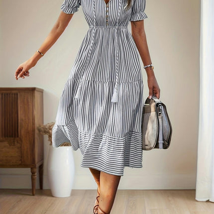 Striped V Neck Dress, Elegant Short Sleeve Button Decor Dress For Spring & Summer, Women's Clothing