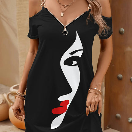 Face Print Half Zip Cold Shoulder Dress - Short Sleeve Spring and Summer Women's Clothing