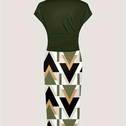 Geo Print Color Block Dress-V Neck, Short Sleeves, Comfortable Women's Clothing for Everyday Wear