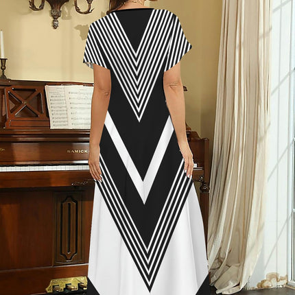 Women's Chevron Print V-neck Dress, Casual Short Sleeve Split Hem A-line Dress For Spring & Summer