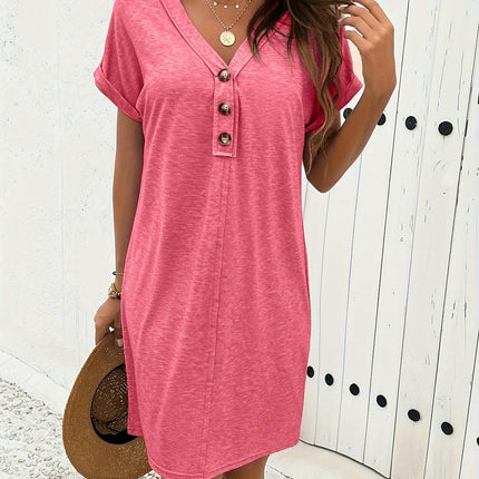 Women's Solid Color V Neck Short Sleeve Dress for Spring & Summer, Fake Buttons Design