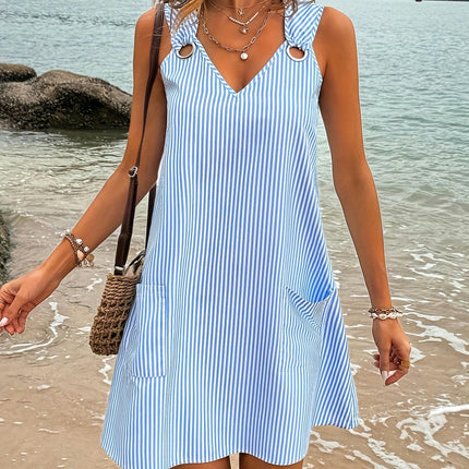 Striped Print Ring Decor Dress, Casual Pockets V-neck Dress For Spring & Summer, Women's Clothing