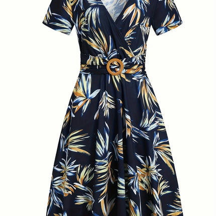 Charming Floral Print A-line Dress Short Sleeves Womens Dress for Spring & Summer