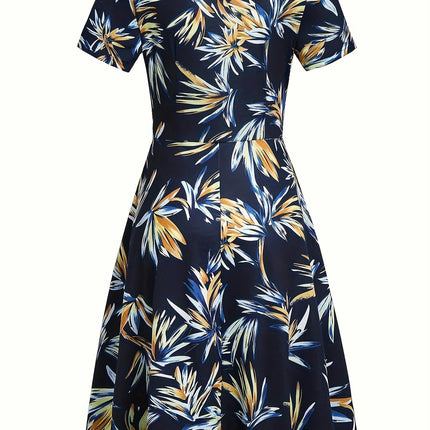 Charming Floral Print A-line Dress Short Sleeves Womens Dress for Spring & Summer