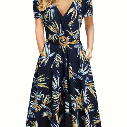 Charming Floral Print A-line Dress Short Sleeves Womens Dress for Spring & Summer