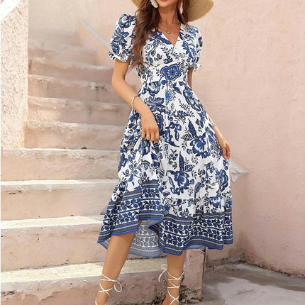 Vibrant Floral Print Surplice Neck A-Line Dress-Short Sleeve Spring & Summer Dresses for Women