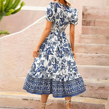 Vibrant Floral Print Surplice Neck A-Line Dress-Short Sleeve Spring & Summer Dresses for Women