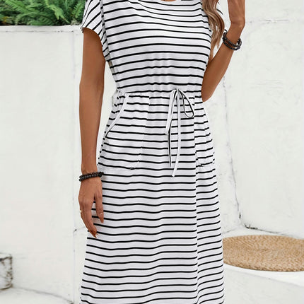 Striped Crew Neck Dress Short Sleeve Cinched Waist A-line Dress For Spring & Summer,Women's Clothing