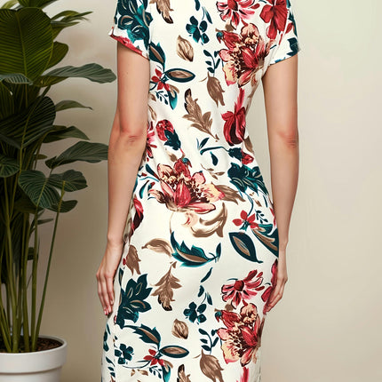 Short Sleeve Sheath Dress Floral Print Mock Neck Dress For Spring & Summer, Women's Clothing