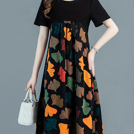 Floral Print Knee-Length Dress - Casual Everyday Style Crew Neck & Short Sleeves Womens Clothing