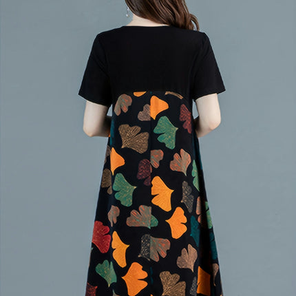 Floral Print Knee-Length Dress - Casual Everyday Style Crew Neck & Short Sleeves Womens Clothing