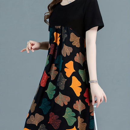 Floral Print Knee-Length Dress - Casual Everyday Style Crew Neck & Short Sleeves Womens Clothing