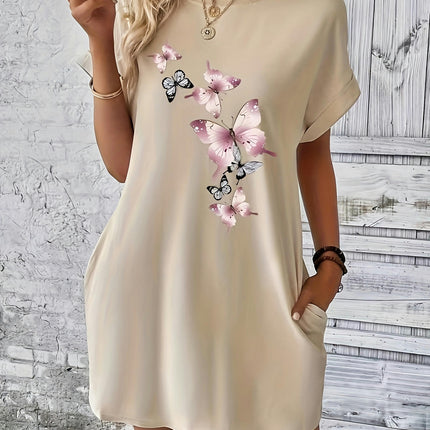 Womens Floral Print Summer Dress-Comfortable Crew Neck, Flirty Short Sleeves Casual for Spring